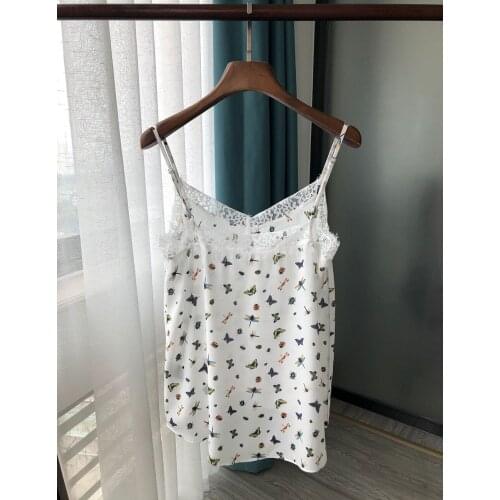 ElfStyle Ladies Silk Lace Patchwork Butterfly Dragonfly Insect Printed Camis Casual Strap Top Adjustable Shoulder Strap