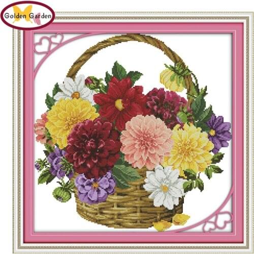 GG Colorful Chrysanthemum Flower Basket Cross Stitch Set Embroidery Crafts Painting Chinese Cross Stitch Kits for Home Decor