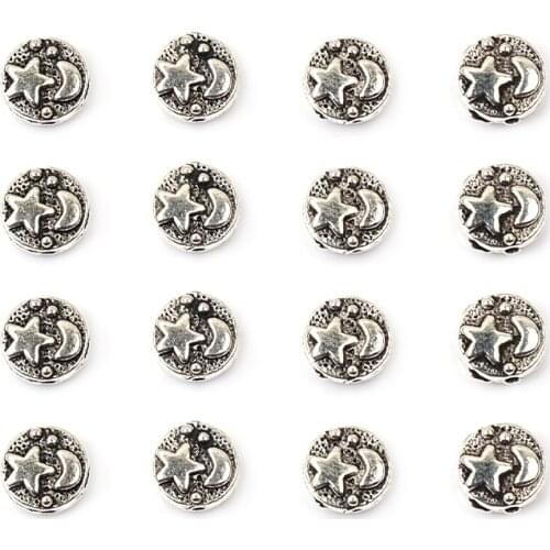 Moon Star Flat Round Shape Tibetan Antique Silver Color Metal Beads Loose Spacer Beads For Jewelry Making DIY Charm Bracelets
