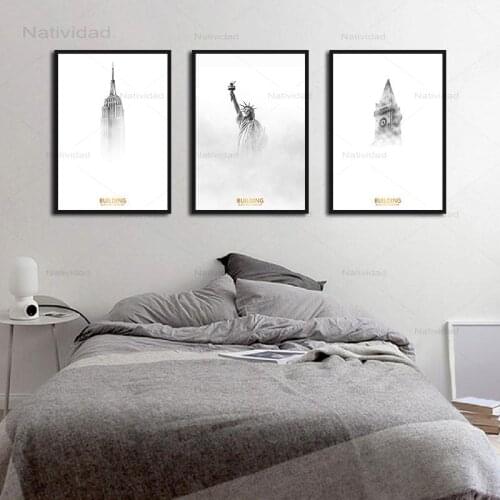 Wall Art Picture Statue of Liberty Big Ben and Other Magnificent Buildings Decoration for Art Galleries Canvas Painting No Frame