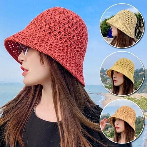 Solid Color Handmade Crochet Floppy Top Summer Hats For Women Hollow Out Knit Dome Bucket Hat Wide Brim Foldable Beach Caps