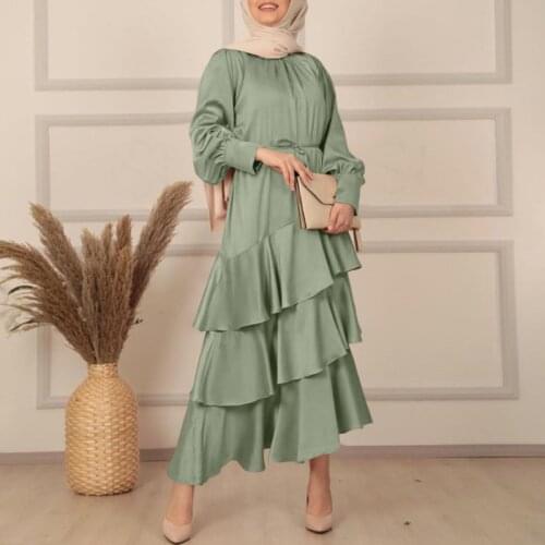 Women Party Crew Neck Dress Holiday Long Shirt Dress Muslim Fashion Ruffle Hem Robe Casual Full Sleeve Maxi Dress Abaya Kaftan