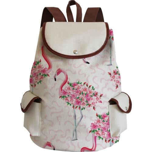 New Trend Cartoon Flamingo Children School Bag Floral Girl Backpack For Teenager Backpacks Linen High Quality Drawstring Bags