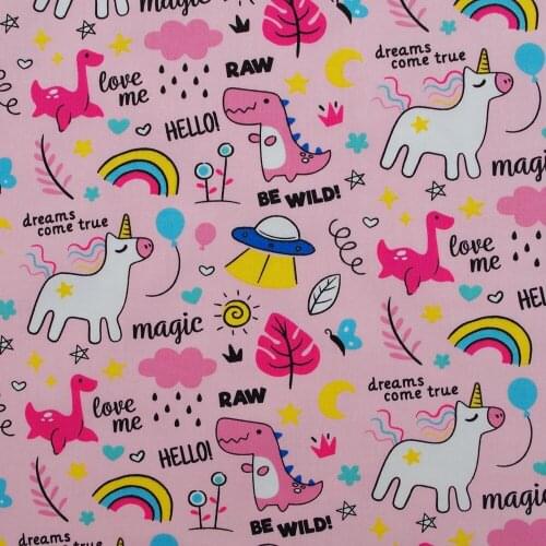1 yard Cotton Twill Fabric for sewing pathwork, dress, cloth, bedding,Dinosaur,Rainbow,Leaf,Pink background (width=160cm)