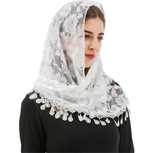 Triangle Mass Catholic Church Mantilla Veils Women Shawl Scarf Head Cover Fringed Lace Chapel Long Spanish Lace Purple Royal red