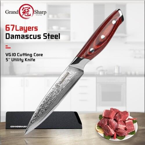 Grandsharp 5 Inch Utility Knife Kitchen Knives Japanese Damascus VG10 Steel Razor Sharp Blade Fruit Cutting Tools Gift