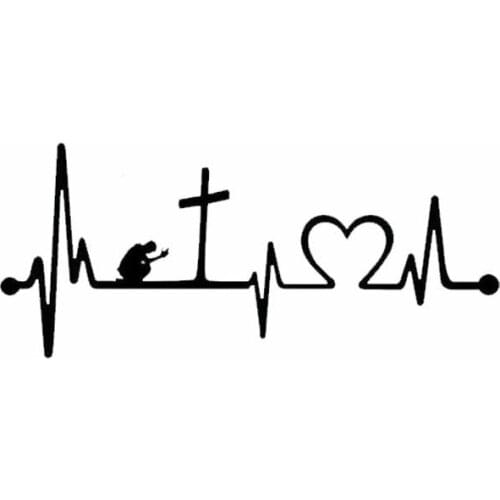 8"*3.5" Praying at Cross Heartbeat Car Sticker Jesus Faith Bible Christian Vinyl Decal