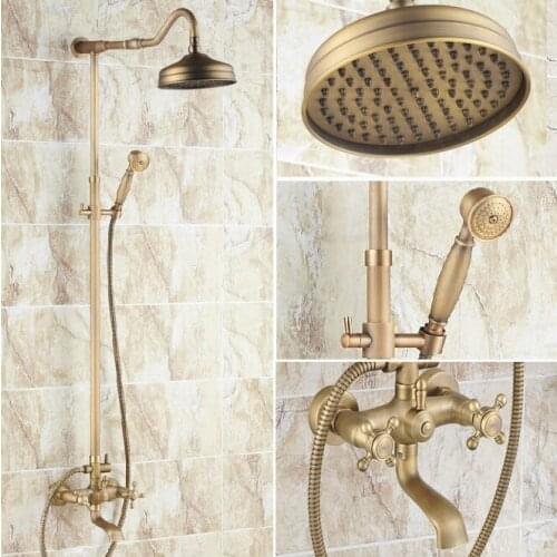 Vintage Retro Antique Brass Dual Cross Handles Bathroom 8 Inch Round Rain Shower Faucet Set Tub Mixer Tap Hand Shower mrs103