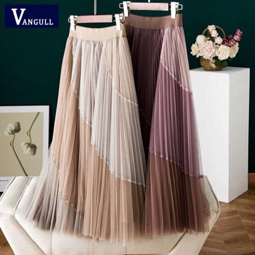 Vangull Fashion Mesh Women Pleasted Skirt Elastic High Waist Beach Style Female Skirt 2021 Summer New Lace Big Hem Ladies Skirt