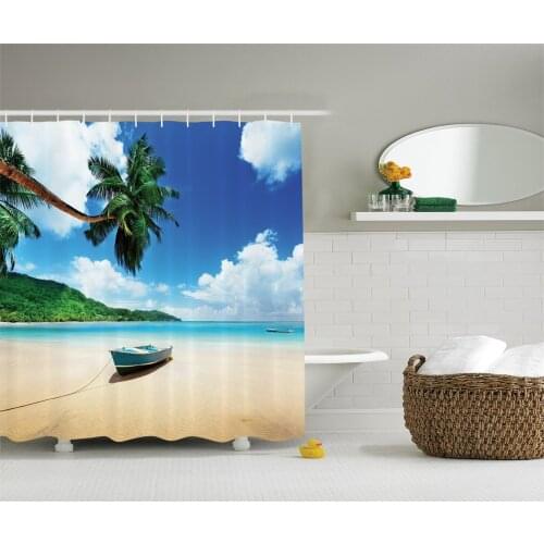 Ocean Shower Curtain Coastal View Decor Boat on the Beach Mahe Lagoon and Forested Area Picture Wall Decoration Hanging Curtains