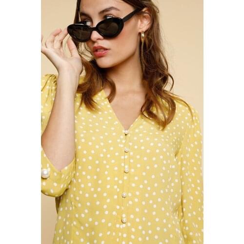 Women Shirt Round Dots 2019 Early Spring Retro Pearl Buckle French Elegance (Real Color Is Dark Yellow)
