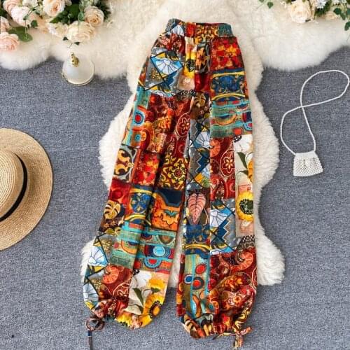 Bohemian Retro National Style Printed Wide Leg Pants Women 2021 Autumn High Waist Versatile Holiday Lantern Long Pants Trousers