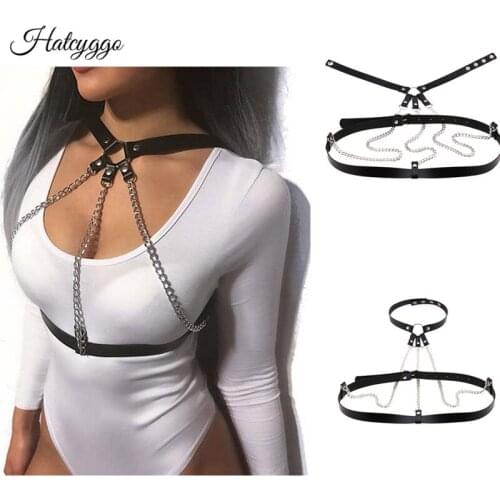 HATCYG Fashion Women Chain Belt Punk Leather Harness Chest Straps Female Sexy Black Suspender Belt Gothic Body Bondage Waistband