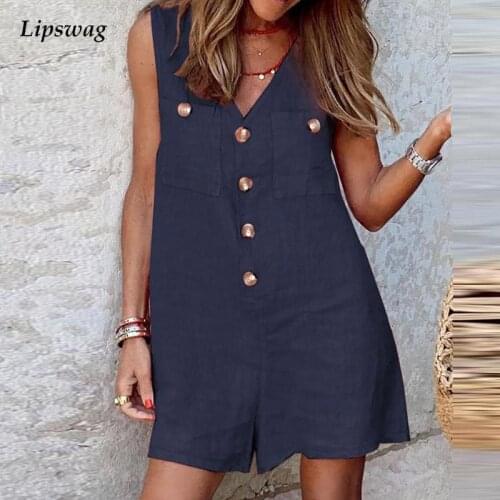 Womens Sleeveless Shorts Beach Playsuit Casual Vintage Pocket Cotton Linen Overalls Romper Summer Solid V Neck Button Jumpsuit
