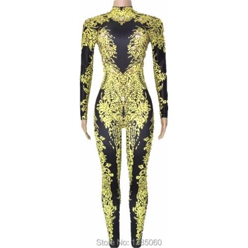 Women Sexy Gold Rhinestones Jumpsuit Performance Outfit Female Singer Leggings Nude Black Big Crystals Costume Dance Bodysuit