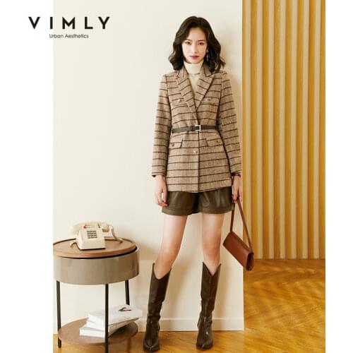Vimly Plaid Wool Jacket Winter Elegant Striped Plaid Single Breasted Notched Blazer Office Ladies Coats Female Outwear F3135