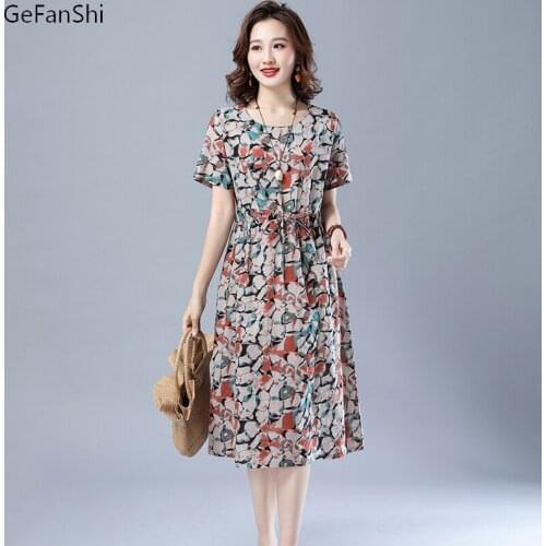 2021 New Cotton Linen Short Sleeve Knee Length Dress Summer Print Vintage Casual Loose Elegant Women Dresses Clothes