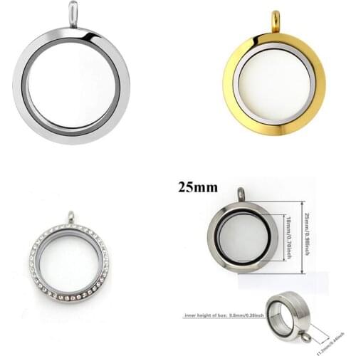 1PC 25mm Stainless Steel Floating Locket Pendant Silver Gold Color Round Glass Living Memory Locket Necklace DIY Jewelrys Making