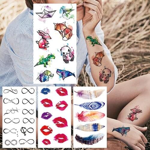 Watercolor Animal Fox Temporary Tattoo For Kids Children Women Small Lips Endless Tattoos Sticker Feather Panda Tatoo Ear Finger