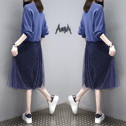 Plus size Spring Women two-piece sets fashion casual loose women Long sleeve sweater tops skirts Bottoms Outfits 2pcs Female