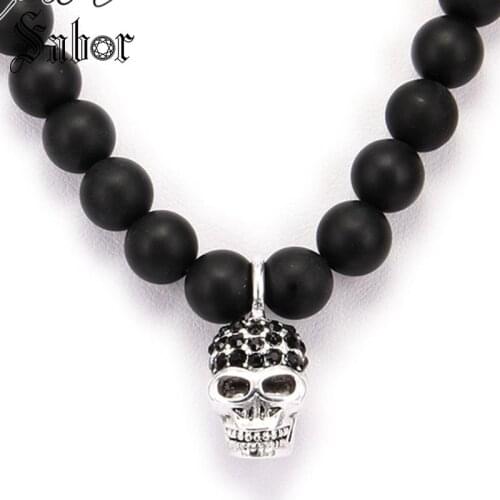 Black Obsidian Matted Bead Necklace with Small Skull Pendant European Rebel Jewelry for Men N198 thomas