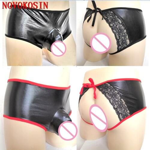 KH71 2020 Black Red PU Bandage Back Open G-strings Thongs Gay Underwear Men Leather Short Panties Night Club Bulge Cock Pouch