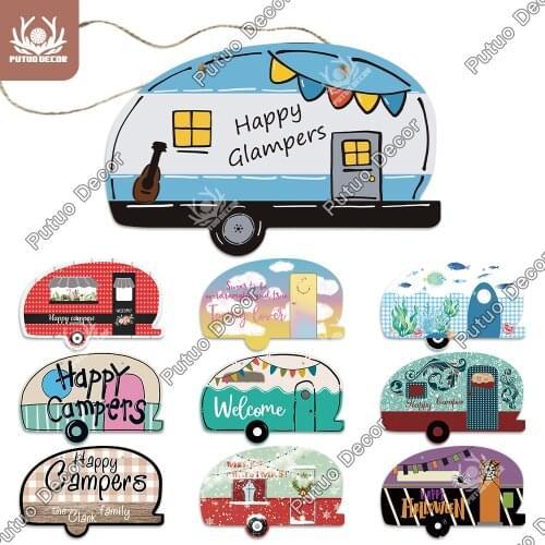 Putuo Decor Camper Sign Glamper Shaped Plate Wooden Hanging Sign Wood Plaque for Home Glampers Camping Traveling Wall Decor Gift