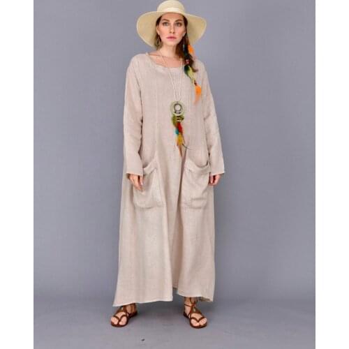 Large Pocket Detailed Long Cream Color Summer Linen Dress 2021 New Fashion Womens Clothing Collections Elegant Fashion