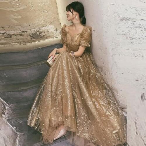 Champagne Tulle Long Evening Dresses 2021 Formal Elegant Wedding Party Dress Robe De Soiree Bride Party Gown A-line Summer