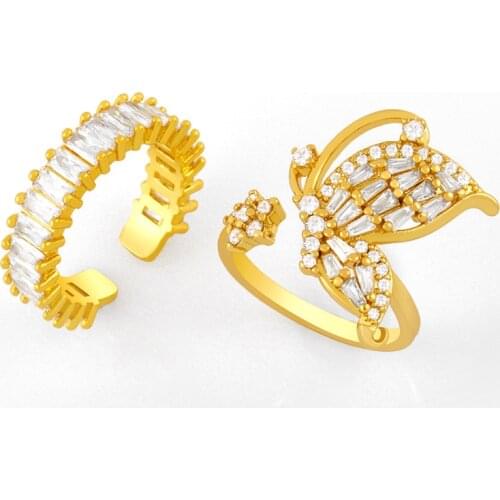 EYIKA Elegant Zircon Flower Butterfly Gold Opening Rings for Woman Korean Fashion Jewelry Wedding Party Girls Engagement Ring