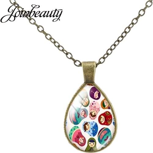JOINBEAUTY Russian Dolls Tradition Handmade Pattern Tear Drop Pendant Necklace Fashion Glass Cabochon Matryoshka Jewelry RU20