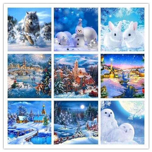 Full Drill Square Diamond Painting Landscape Diamond Embroidery Winter Rabbit Owl Picture Of Rhinestone Christmas Decor