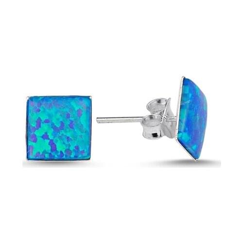 KUTAYDAN 7,5mm Square Blue Opal Earrings 925 Sterling Silver