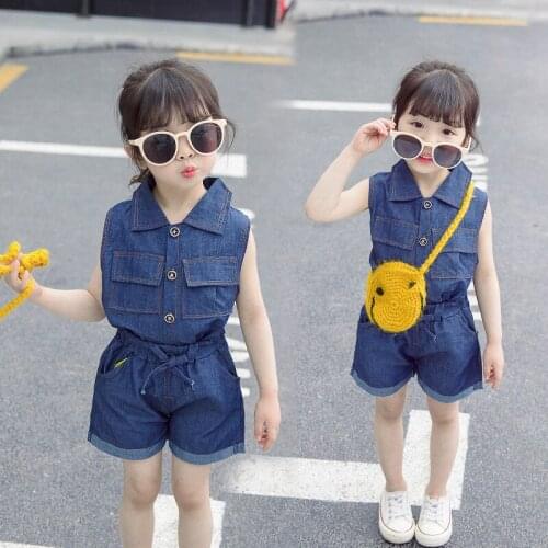 2021Summer CowboY New Childrens Clothes Suit Casual Lapel Sleeveless Top With Shorts Cute Denim Two-piece Baby Girl