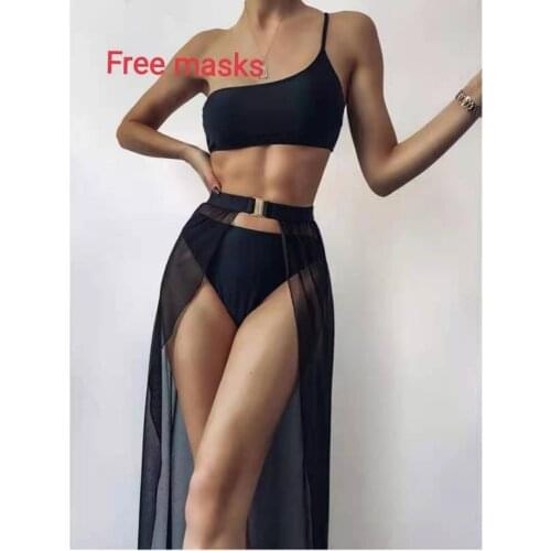 Top Selling Black Mesh Bikini Hight Taille Vrouwen Drie Stuk Badpak Strand Effen Kleur Bikini Badpak Beachwear 3 piezas
