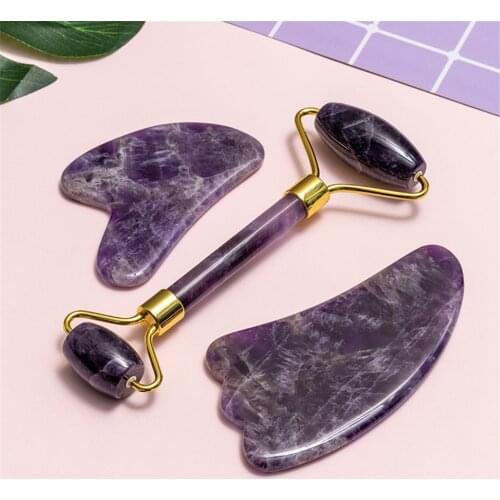 Amethyst Massager Natural Stone Facial Roller Gua Sha Tools Set SPA Acupuncture Scraping Crystal Body Face Health Care Massage
