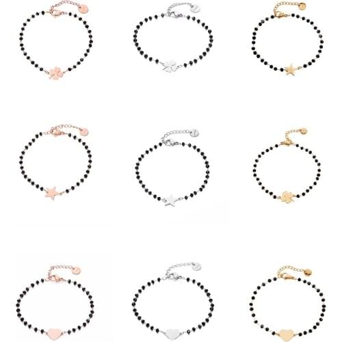Stainless Steel Black Crystal Beads Chain Bracelet Rose Gold Star Heart Four Clover Charms Bracelets For Women 2021 Steel Jewelr