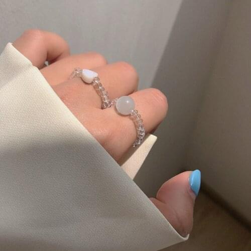 Transparent Beaded Rings for Women Girl New Korean Exquisite Imitation Opal Beads Shell Love Heart Ring Set Jewelry Gift