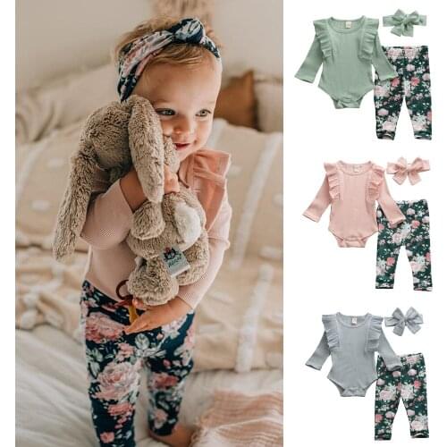 Newborn Toddler Baby Girls Clothes Sets Long Sleeve Rib Knit Solid Bodysuits Tops Floral Pants 3PCS Baby Outfits Spring Autumn