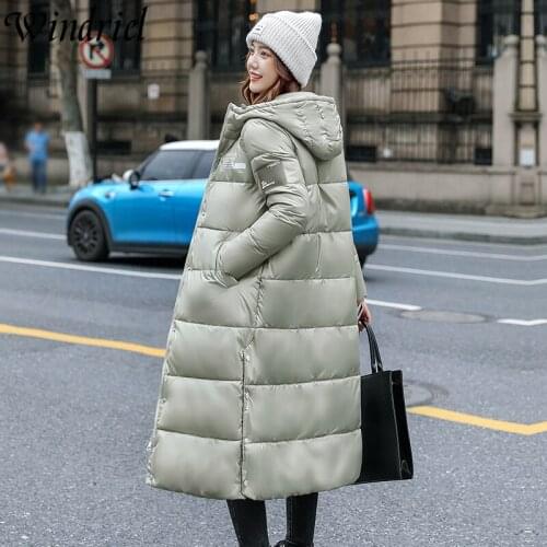 Windriel 2021 Long Coat Winter Women Letter Slim Fashion Parkas Hooded Students Warm Jackets Cotton Padded Clothing Outwear