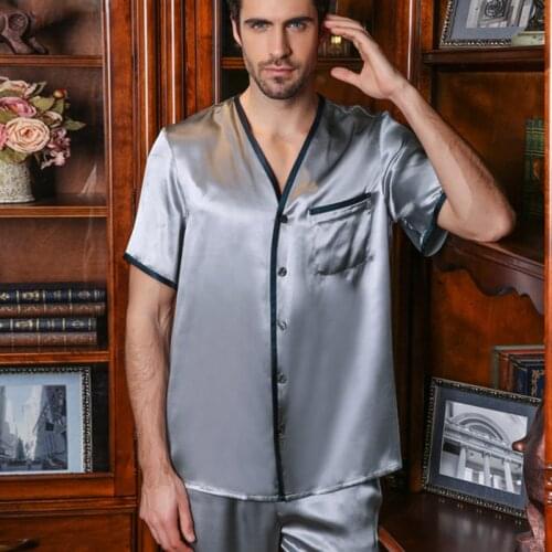 Sexy Genuine Silk Mens Pajamas 100% Silkworm Silk Sleepwear Male Simple V-Neck Long-Sleeve Pyjama Pants Two-Piece Sets 16206