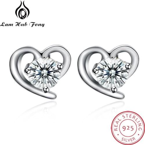 Authentic 925 Sterling Silver Heart Stud Earrings Clear Cubic Zirconia Stud Earrings Fine Jewelry Gift for Girls (Lam Hub Fong)