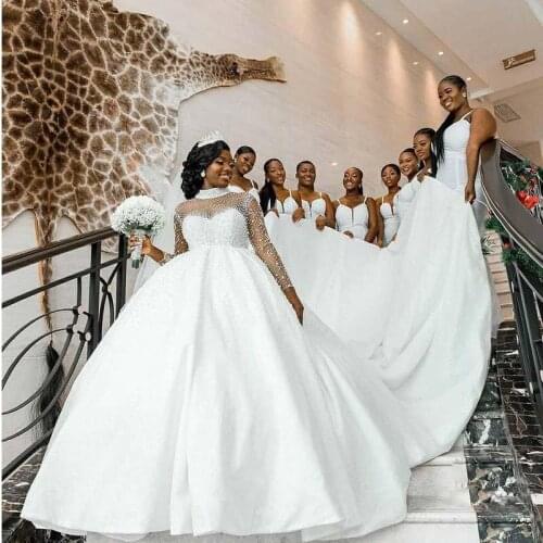 Luxury High Neck Full Beading Wedding Dress 2021 Royal Train Satin Ballgown IIIsion Long Sleeves African Bridal Gowns