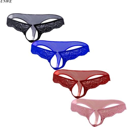Penis Hole Underwear Gay Sex Open Mens Thongs and G-string Funny Transparent Lace Tanga for Lovers/Couple
