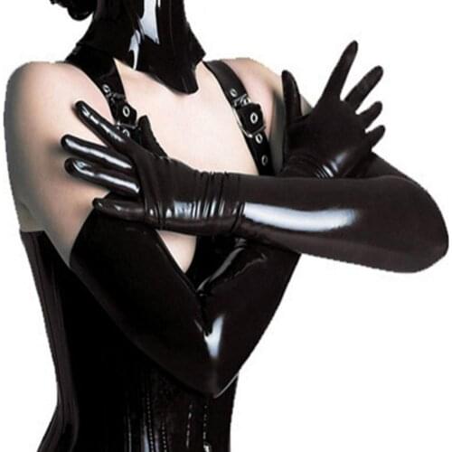Sexy Womens Winter Gloves Faux Patent Leather Full Finger Long Gloves Nightclub Party Costume Fashion Black Red Mittens