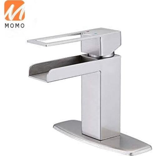 Waterfall Spout Bathroom Sink Faucet Mixer Tap Single Handle Brushed Nickel, Lead-Free