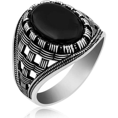 Tevuli 925 Sterling Silver Onyx Stone Mesh Pattern Men 'S Ring