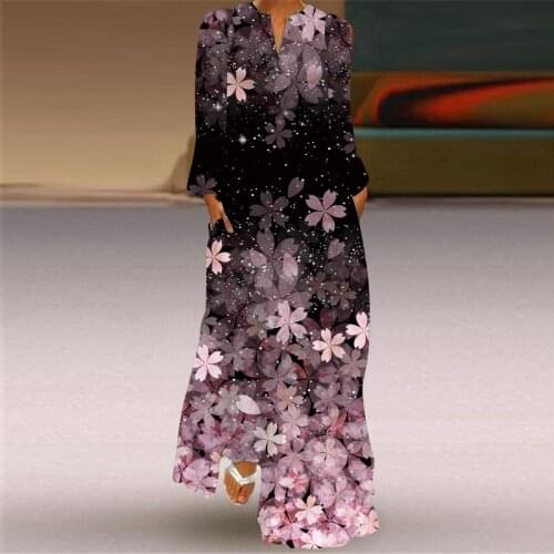 Autumn Retro Print Dresses 2021 Women Plus Size Long Sleeve V-Neck Beach Maxi Dreeses Loose Flowy Long Party Dress Vestido S-5XL