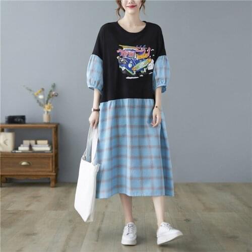 Johnature New Casual Patchwork Print Loose Women Dresses 2021 Summer O-neck Hit Color Half Sleeve Simple Female Dress