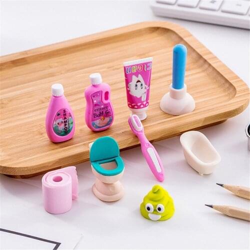 4pcs/lot Cute Bathroom Set Pencil Erasers for Office School Creative Stationery Supplies Correction Tool Kawaii Kids Prize Gifts